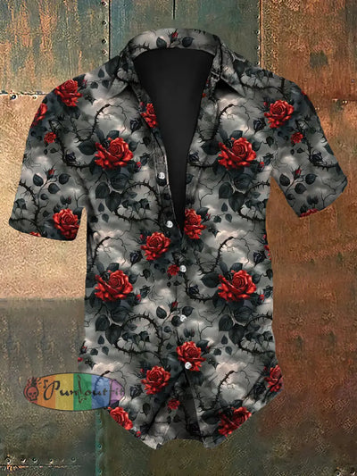 Men’s Gothic Dark Style Rose Flower Print Short-Sleeve Shirt Gray / S