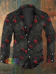 Men’s Gothic Rose Print Long Sleeve Shirt As Picture / S