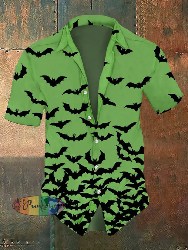 Men’s Halloween Bat Print Casual Short Sleeve Shirt Green / S