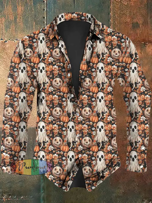 Men’s Halloween Ghost Print Casual Long Sleeve Shirt As Picture / S