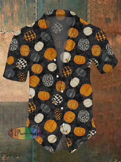 Men’s Halloween Pumpkin Print Casual Beach Short Sleeve Shirt Black / S