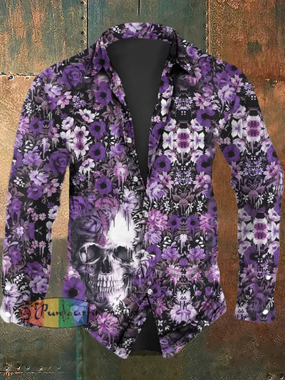 Men’s Halloween Skull Floral Print Casual Shirt As Picture / S