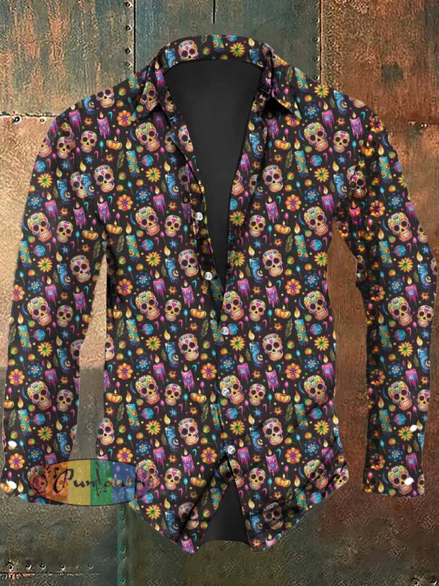 Men’s Halloween Skull Print Casual Long Sleeve Shirt As Picture / S