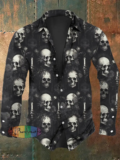 Men’s Halloween Skull Print Casual Long Sleeve Shirt As Picture / S