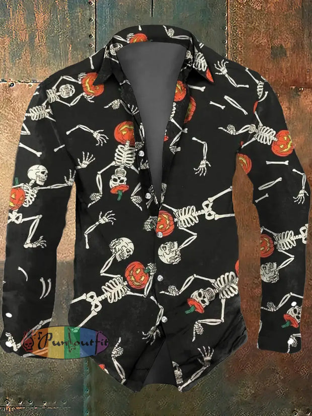 Men’s Halloween Skull Print Casual Long Sleeve Shirt As Picture / S