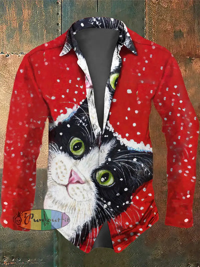 Men’s Halloween Style Black Cat Print Vintage Shirt Red / S