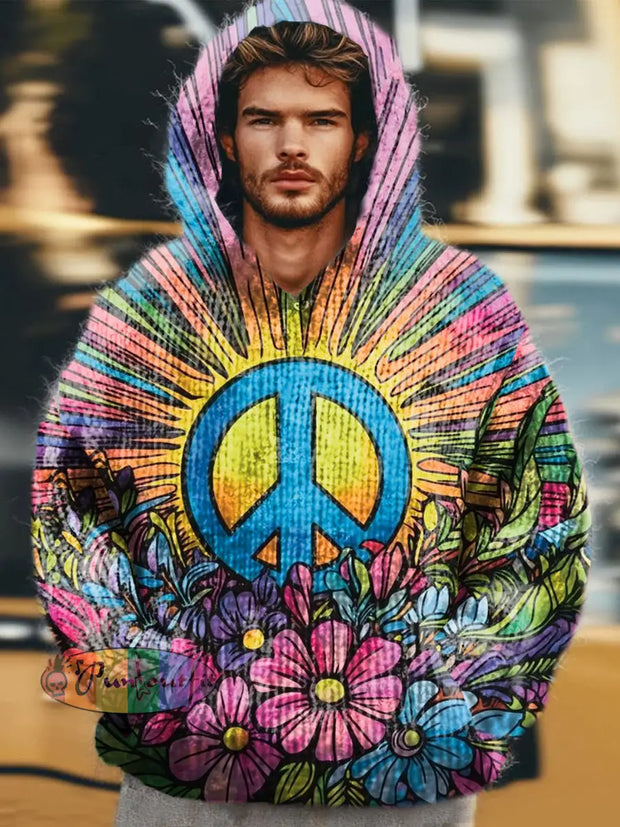 Men’s Hippie Art Illustration Printed Casual Long Sleeve Hooded Sweatshirt As Picture / M