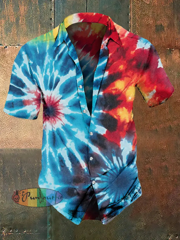 Men’s Hippie Contrasting Color Style Tie-Dye Print Casual Shirt Colorful / S