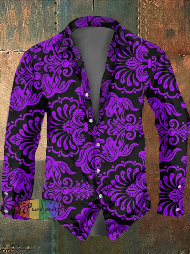 Men’s Hippie Ethnic Pattern Print Long Sleeve Shirt Purple / S