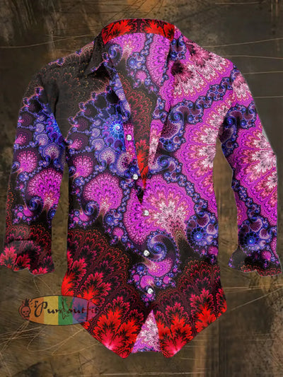 Men’s Hippie Style Flowers Abstract Print Long Sleeve Shirt Colorful / S