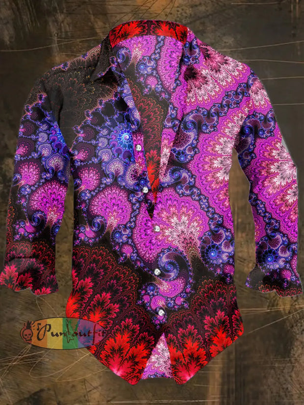 Men’s Hippie Style Flowers Abstract Print Long Sleeve Shirt Colorful / S