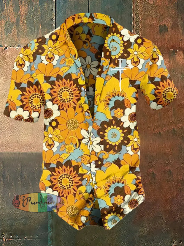 Men’s Hippie Style Sun Floral Casual Short Sleeve Shirt Colorful / S