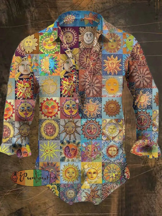 Men’s Hippie Style Sun Print Casual Shirt Long Sleeve Colorful / S