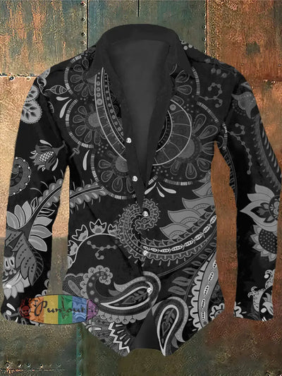 Men’s Hippie Style Traditional Print Casual Shirt Long Sleeve Black / S