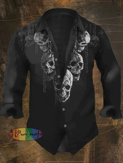 Men’s Horror Skull Print Casual Shirt Long Sleeve Black / S