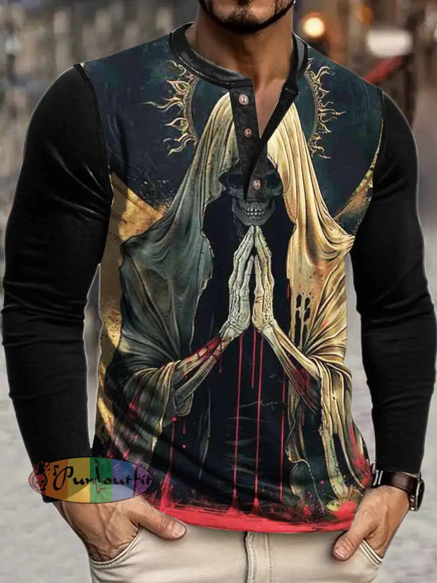 Men’s Horror Skull Print Henley Neck Long Sleeve T-Shirt Colorful / S