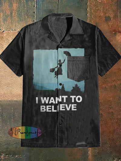 Men’s I Want To Believe Print Cuban Collar Shirt With Short Sleeves Black / S