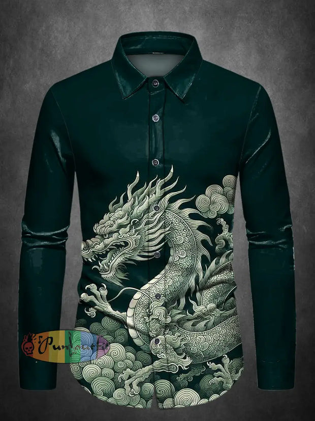 Men’s ice cream Cotton Summer Casual Beach Dragon Print Shirt long Sleeve Green / S