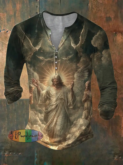 Men’s ice cream Cotton Summer Casual Beach Jesus print Shirt long Sleeve Olive Green / S