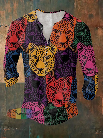 Men’s ice cream Cotton Summer Casual Beach Leopard print Shirt long Sleeve Colorful / S