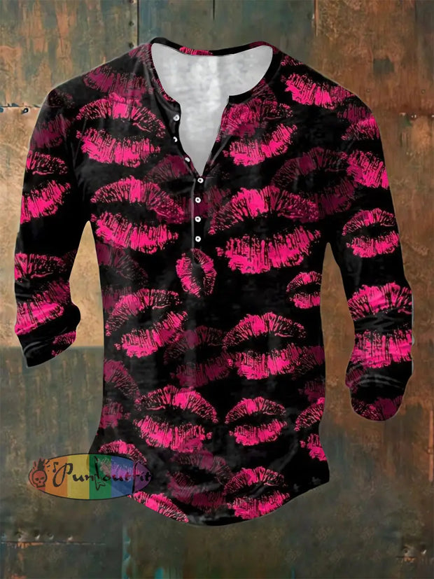 Men’s ice cream Cotton Summer Casual Beach Lip Print Shirt long Sleeve Black / S