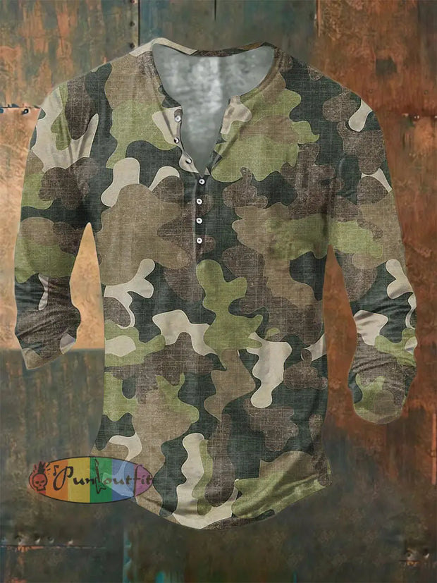Men’s ice cream Cotton Summer Casual Beach Shirt long Sleeve Camouflage Green / S