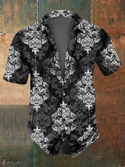 Men's retro floral pattern design printed casual and fashionable lapel long sleeved shirt