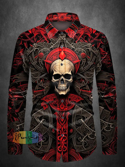 Men’s ice cream Cotton Summer Casual Beach Skull Print Shirt long Sleeve Black-Red / S