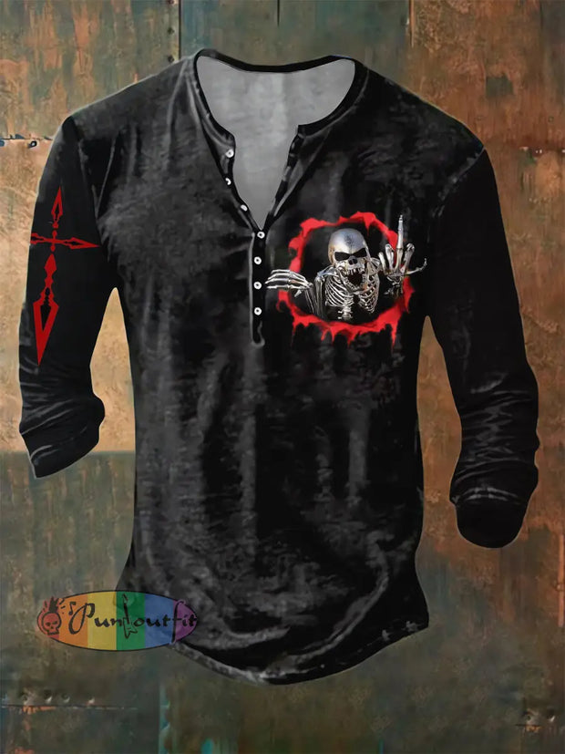 Men’s ice cream Cotton Summer Casual Beach Skull print Shirt long Sleeve Black / S