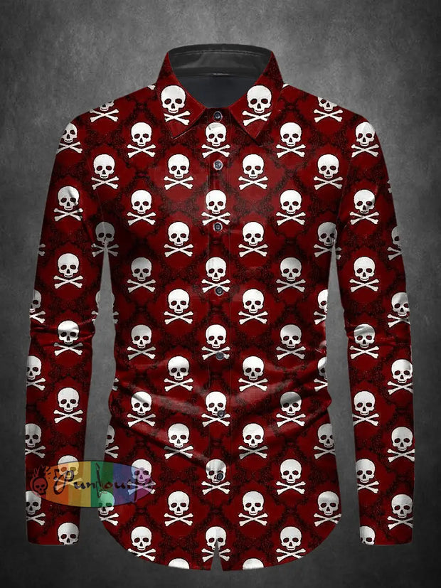 Men’s ice cream Cotton Summer Casual Beach Skull Print Shirt long Sleeve Red / S