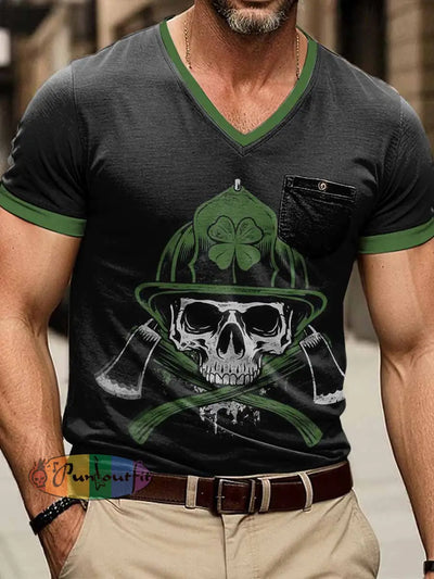 Men’s Ireland Miner Skull Print Short Sleeve V-Neck T-Shirt Black / S