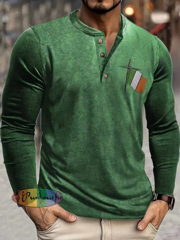 Men’s Ireland Print Henley Neck Long Sleeve T-Shirt Green / S