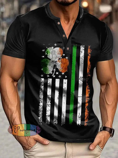 Men’s Ireland Print Henley Neck Short Sleeve T-Shirt Black / S