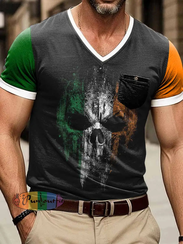 Men’s Ireland Skull Print Short Sleeve V-Neck T-Shirt Black / S