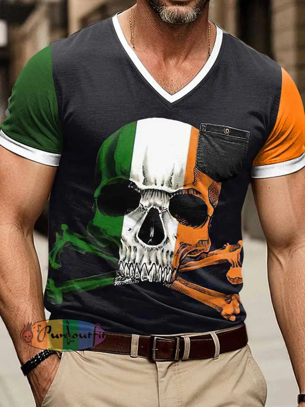 Men’s Ireland Skull Print Short Sleeve V-Neck T-Shirt Colorful / S