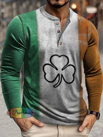 Men’s Irish Clover Print Henley Neck Long Sleeve T-Shirt Colorful / S