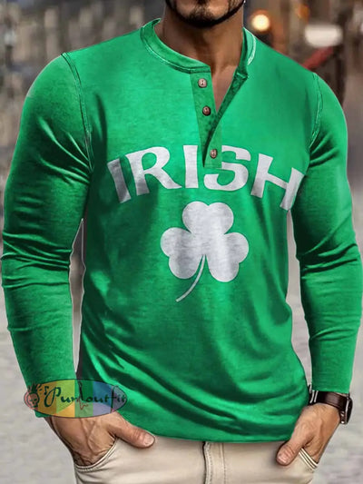 Men’s Irish Print Henley Neck Long Sleeve T-Shirt Green / S