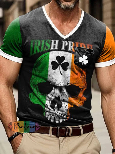 Men’s Irish Skull Print Short Sleeve V-Neck T-Shirt Colorful / S