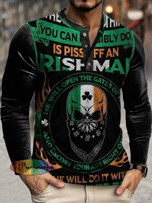 Men’s Irishmah Skull Print Henley Neck Long Sleeve T-Shirt Colorful / S