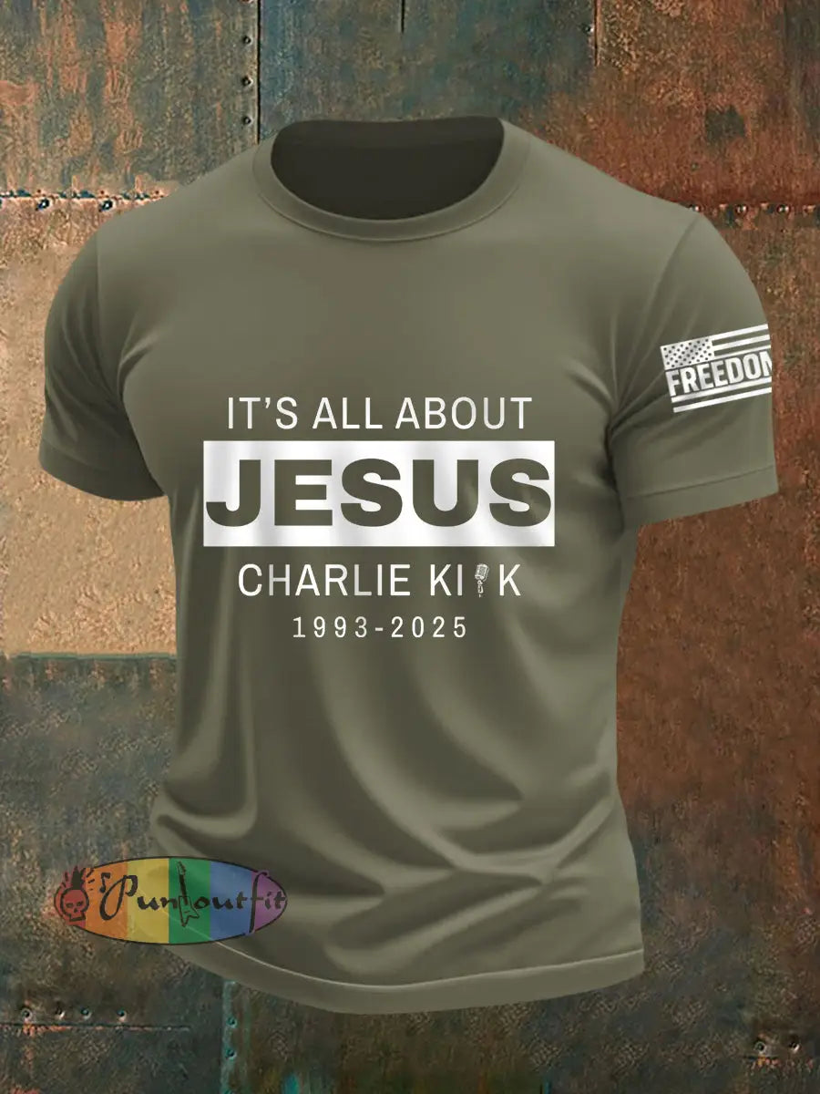 Men’s It’s All About Jesus R.I.P Charlie Kirk Tee Army Green / S