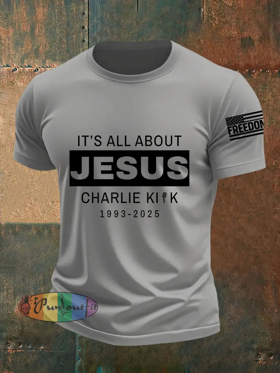 Men’s It’s All About Jesus R.I.P Charlie Kirk Tee Light Gray / S