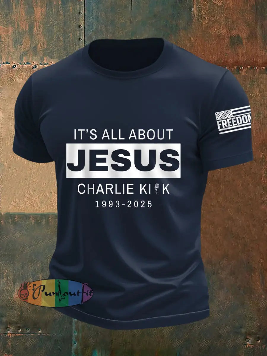 Men’s It’s All About Jesus R.I.P Charlie Kirk Tee Navy Blue / S