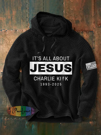 Men’s It’s All About Jesus R.I.P Charlie Kirk Waffle Hoodie Black / S