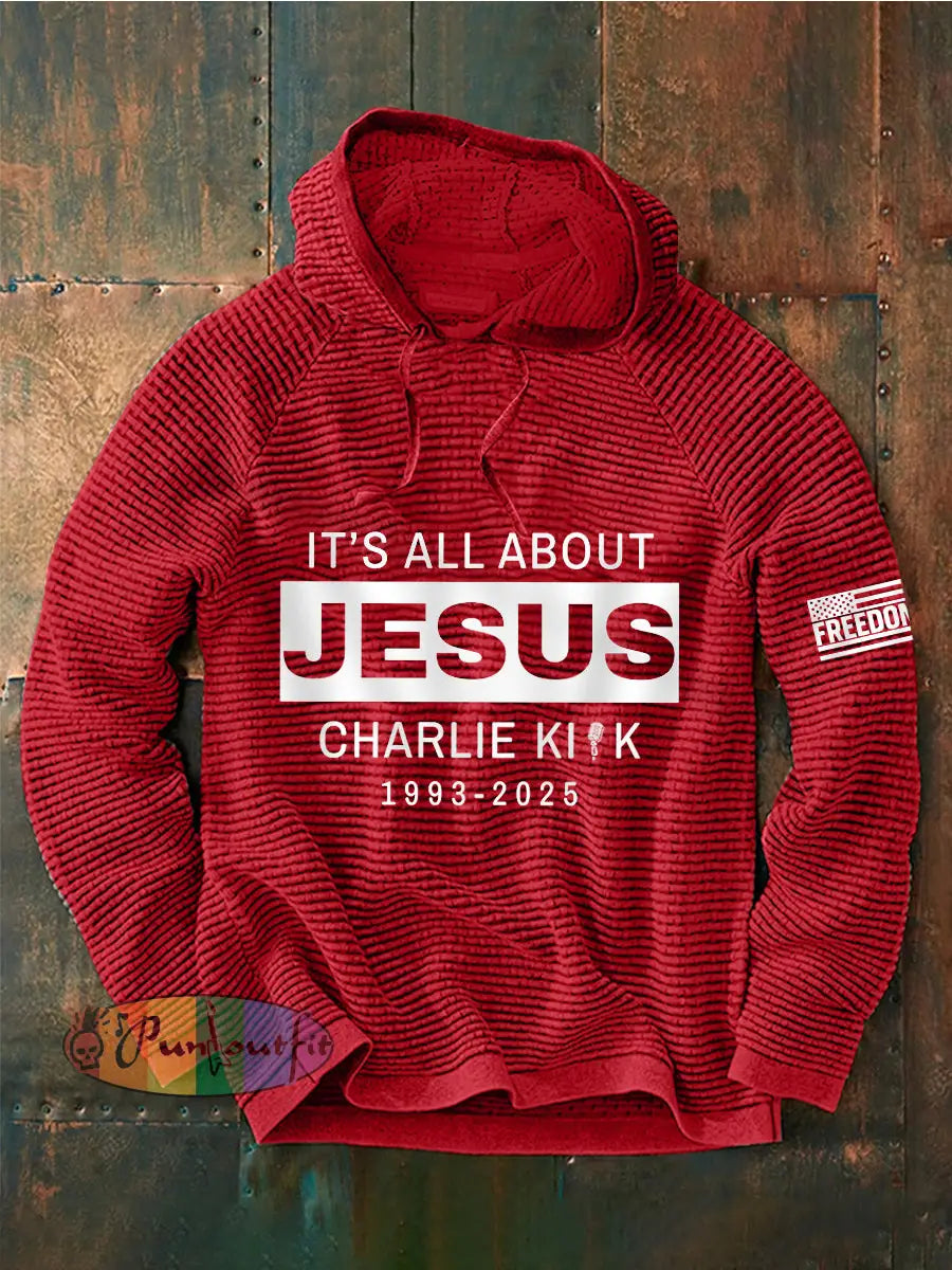 Men’s It’s All About Jesus R.I.P Charlie Kirk Waffle Hoodie Red / S