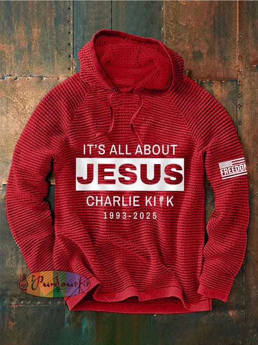 Men’s It’s All About Jesus R.I.P Charlie Kirk Waffle Hoodie Red / S