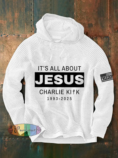 Men’s It’s All About Jesus R.I.P Charlie Kirk Waffle Hoodie White / S