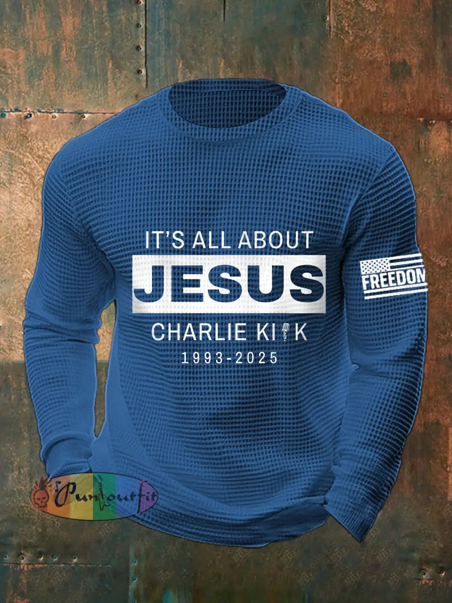 Men’s It’s All About Jesus R.I.P Charlie Kirk Waffle Top Blue / S