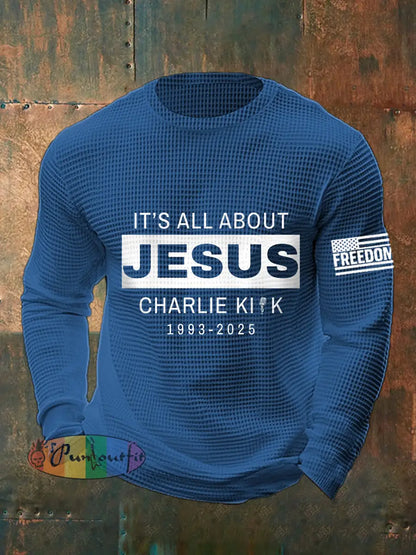 Men’s It’s All About Jesus R.I.P Charlie Kirk Waffle Top Blue / S