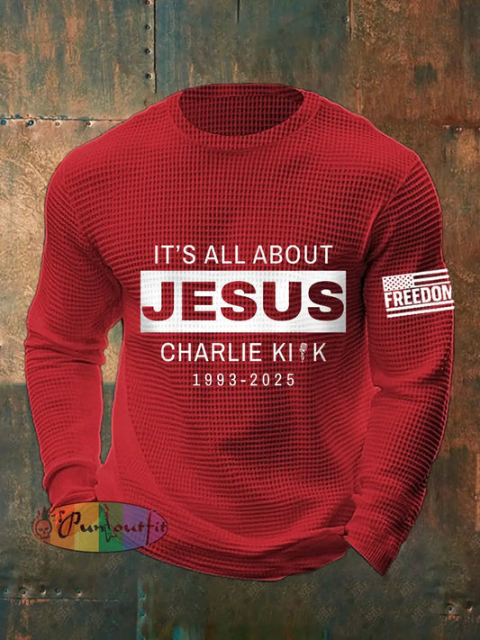 Men’s It’s All About Jesus R.I.P Charlie Kirk Waffle Top Red / S