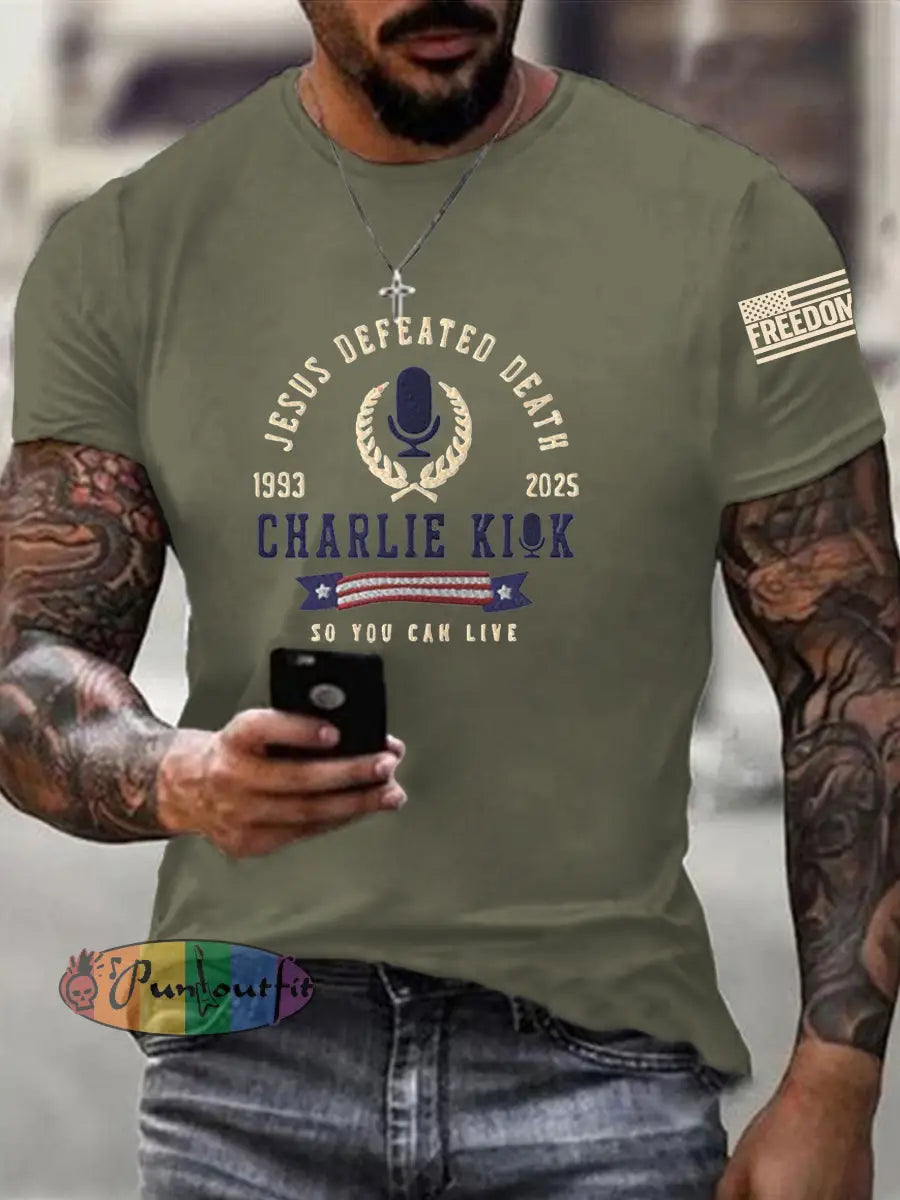 Men’s Jesus Defeated Death So You Can Live R.I.P Charlie Kirk Tee Army Green / S